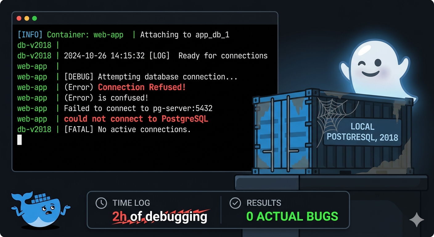 Terminal z błędami Docker Compose i ikoną zapomnianej instancji PostgreSQL na porcie 5432